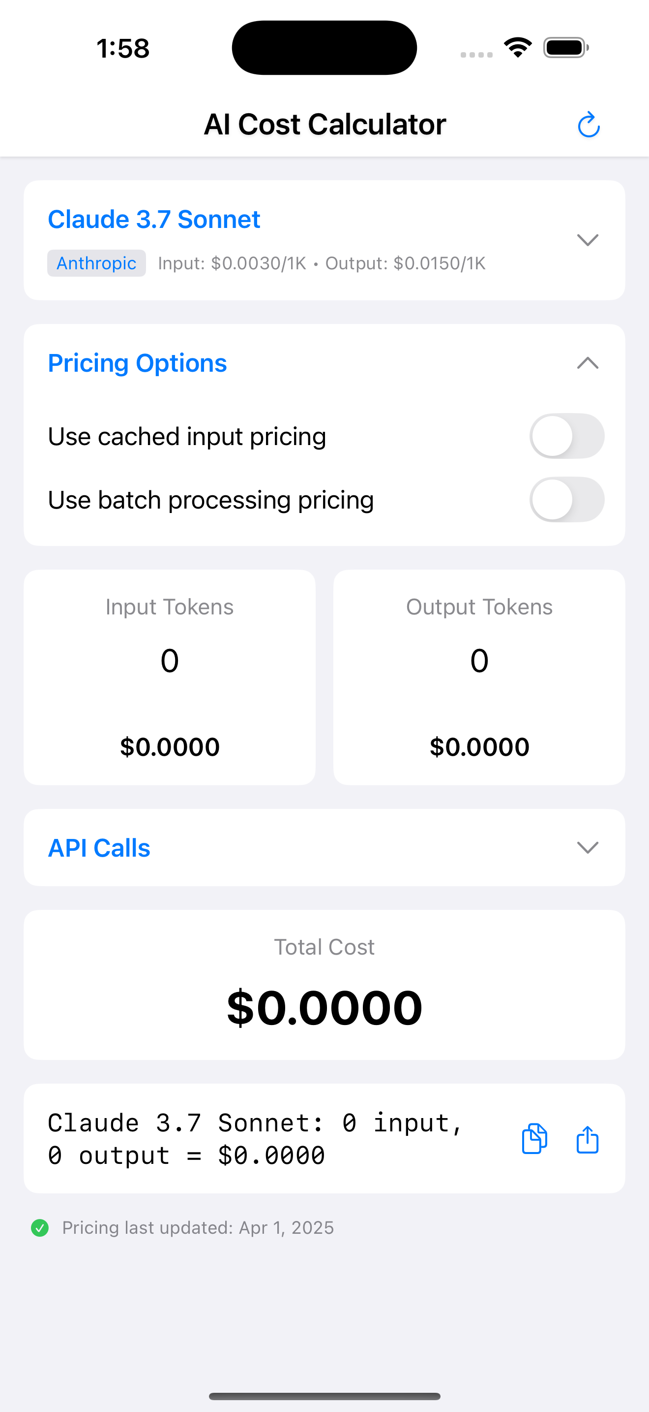 AI Cost Calc iPhone - Main Screen